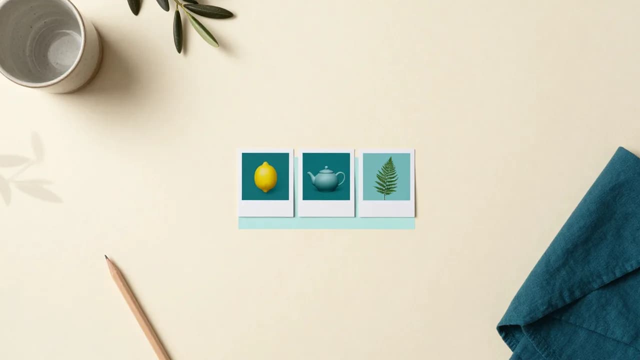 Illustration of three square printed photo cards in a row, a lemon, a teapot and a fern, resting on one strip of pale aqua paper
