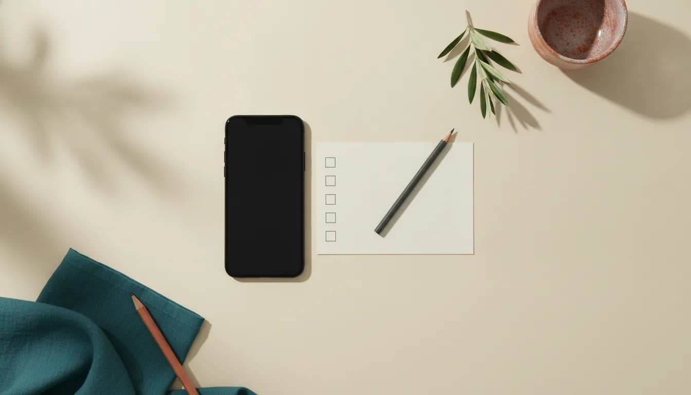 Illustration of a switched-off smartphone beside a blank paper card with four empty tick boxes and a pencil, on cream paper