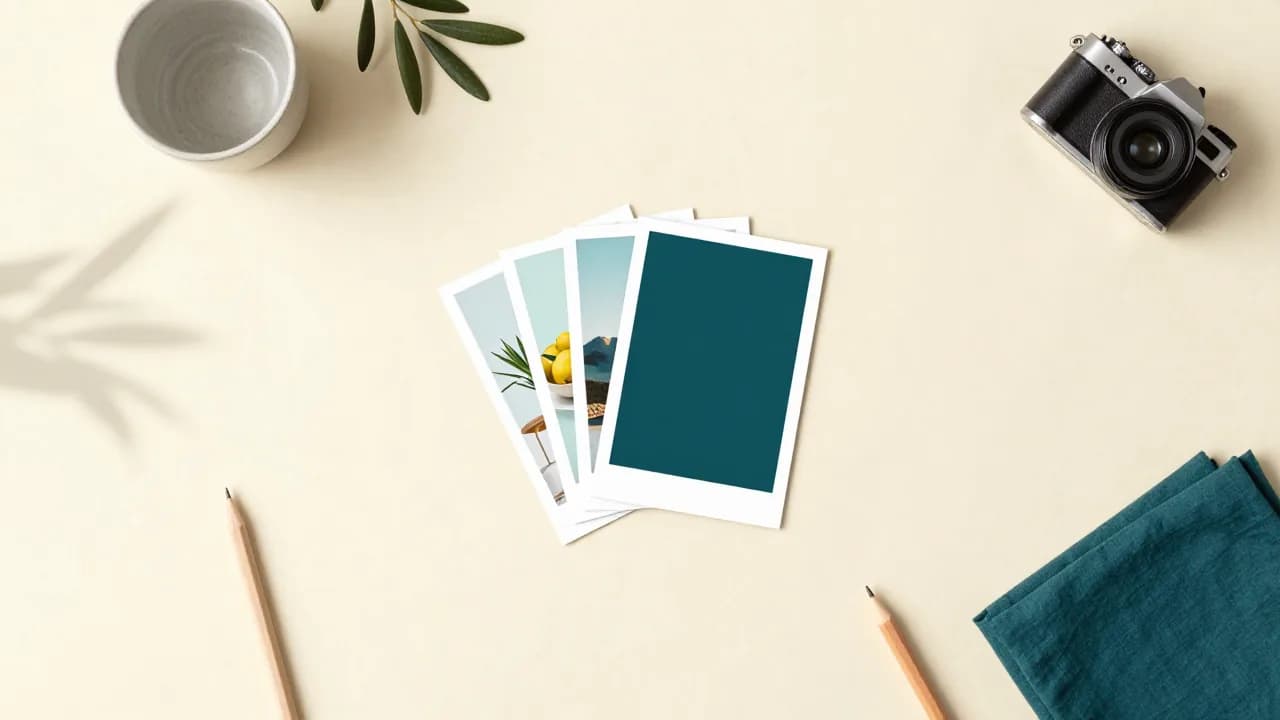 Illustration of four printed photo cards fanned out on cream paper, showing a plant, a bowl of lemons and a mountain, with the top card in solid deep teal
