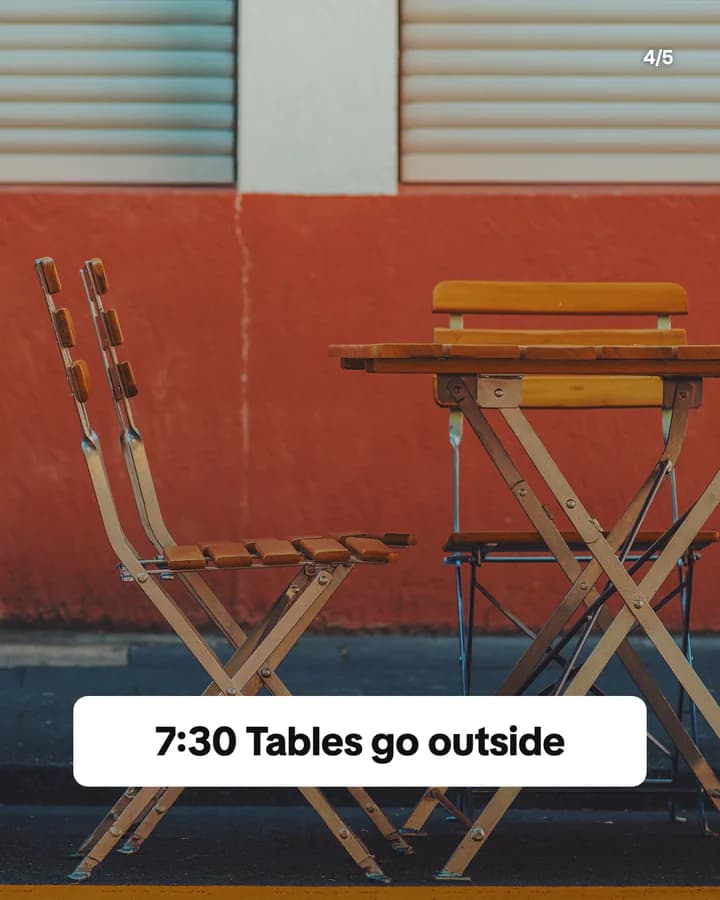 Slide 4: 7:30 Tables go outside