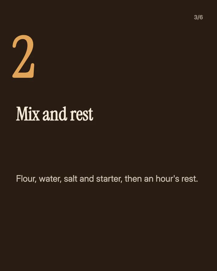 Slide 3: Mix and rest Flour, water, salt and starter, then an hour's rest.