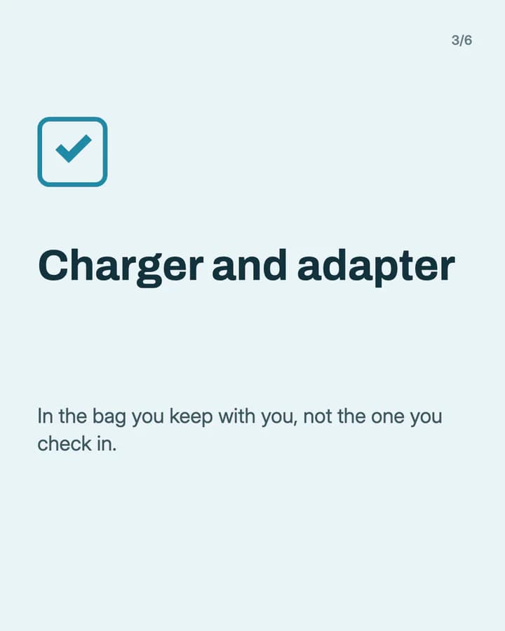 Slide 3: Charger and adapter In the bag you keep with you, not the one you check in.
