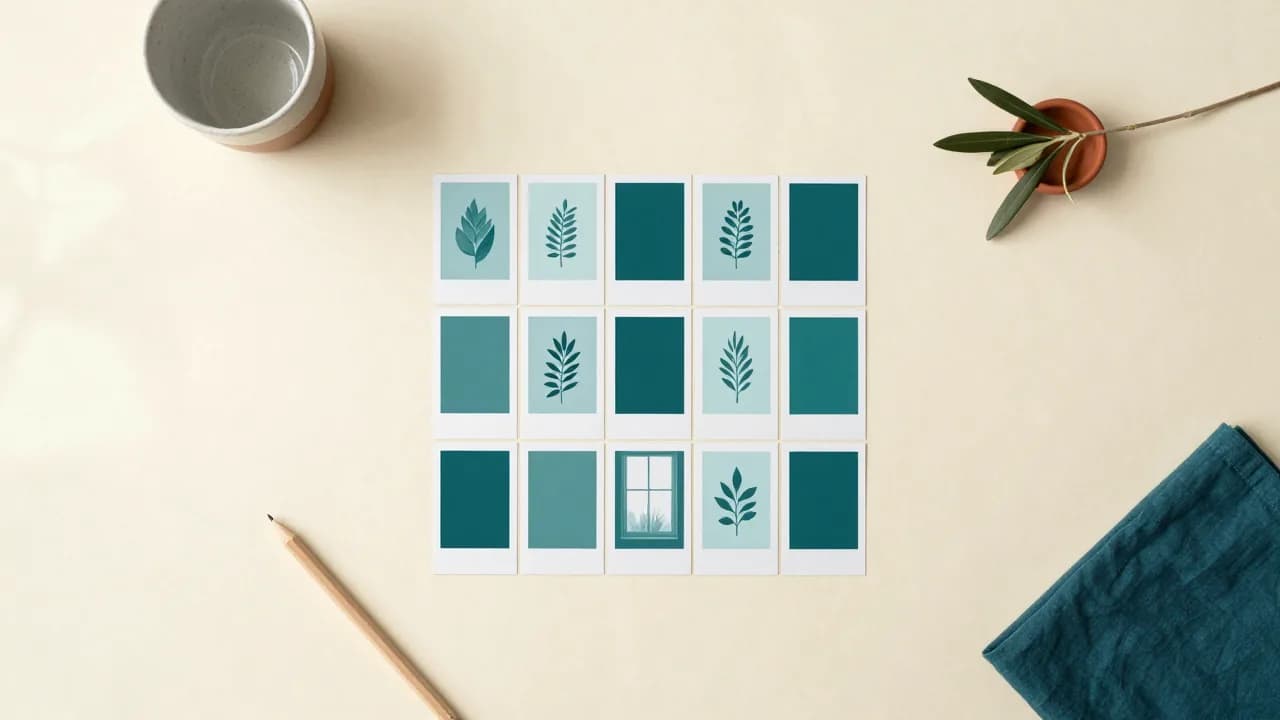 Illustration of fifteen small printed cards in teal and pale aqua laid out in a neat grid on cream paper