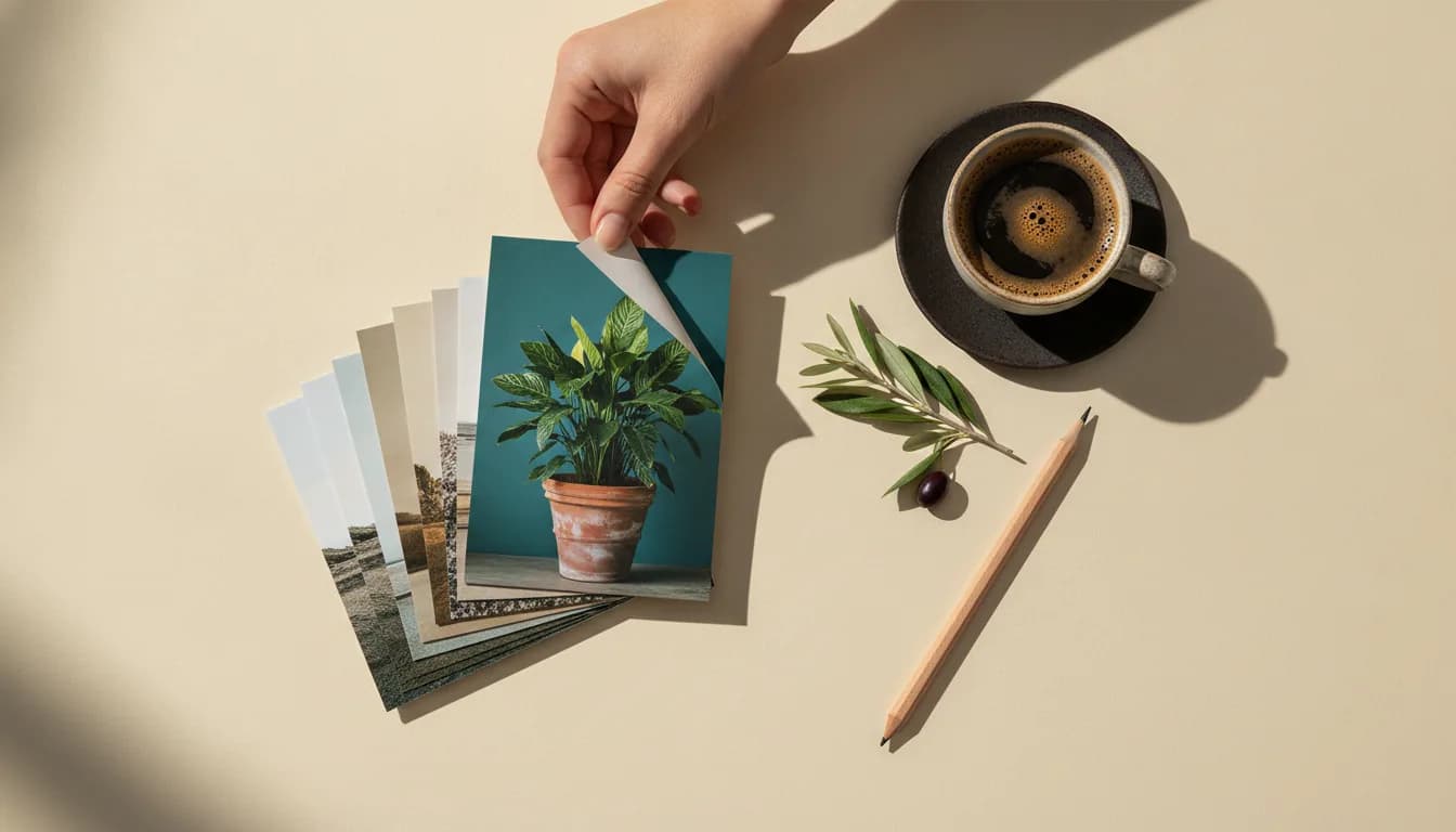Illustration of a hand peeling back the top photo card of a portrait stack, revealing the next card beneath