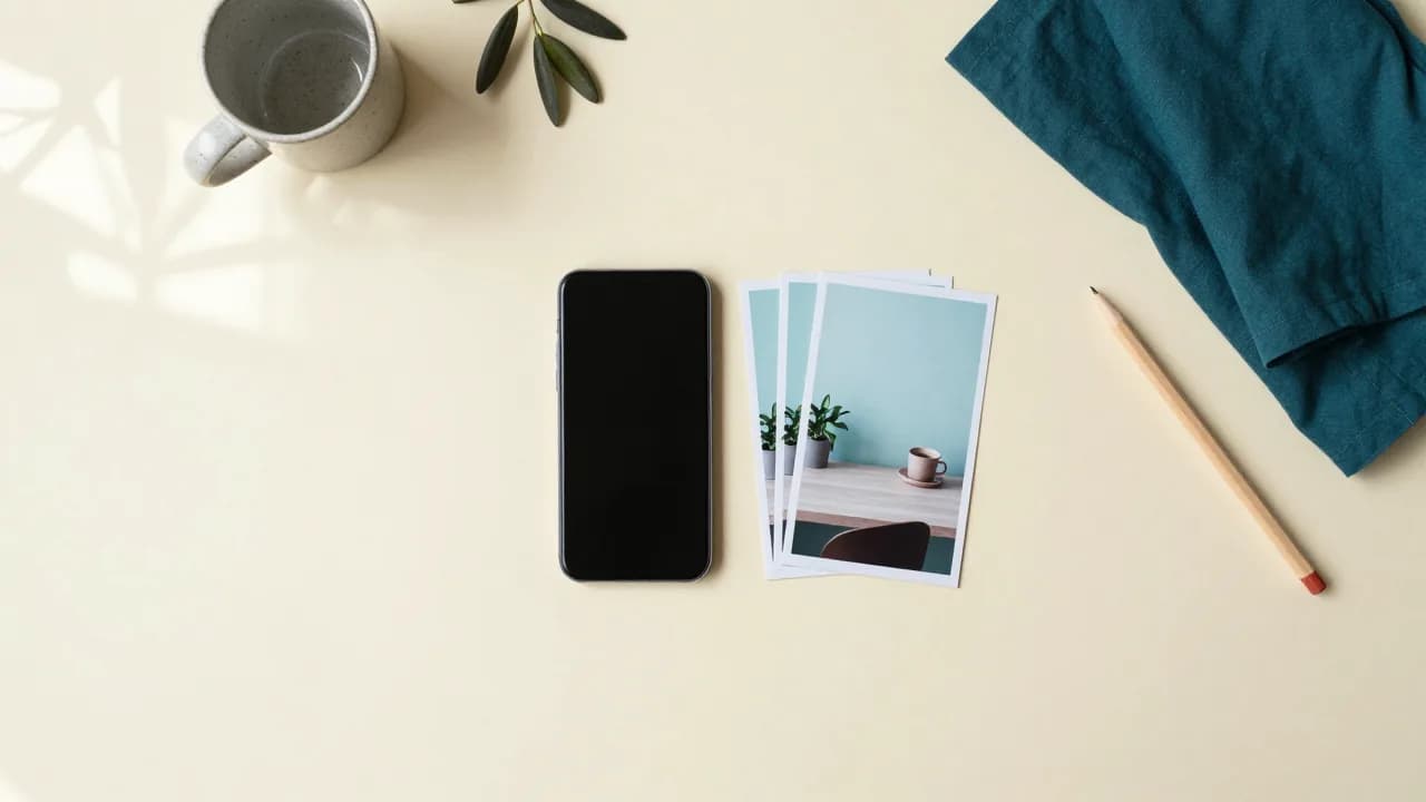 Illustration of a switched-off smartphone beside three printed photo cards showing an empty desk with two houseplants and a cup of coffee