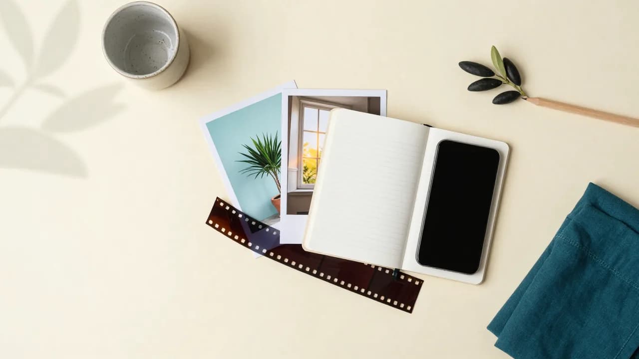 Illustration of two printed photo cards, a strip of film and a switched-off smartphone resting on an open notebook on cream paper
