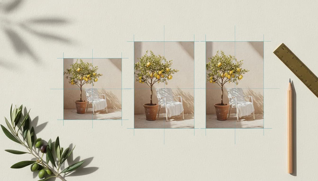 Illustration of one terrace photograph printed in square and portrait crops, with designer guide lines around each card