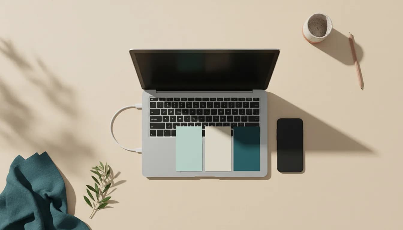 Illustration of an open laptop with a dark screen, a white cable running to a switched-off smartphone, and three tall photo cards between them on cream paper