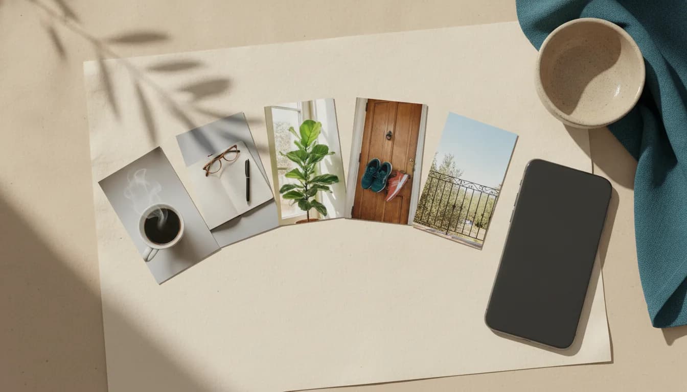 Illustration of five tall photo cards arranged in an arc, showing a morning routine in sequence next to a smartphone