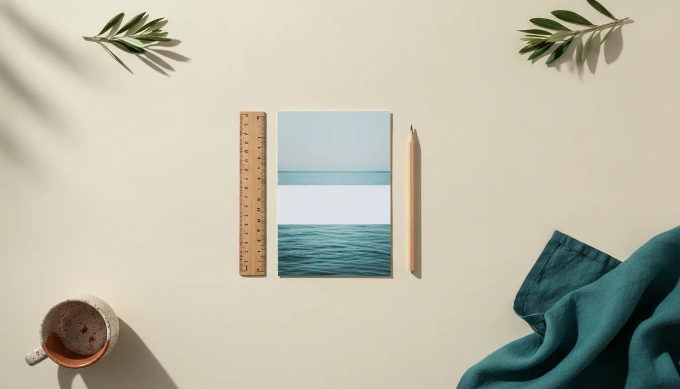 Illustration of a tall printed photo card of a calm sea with a blank white strip across its middle like a caption bar, a ruler and a pencil beside it, on cream paper