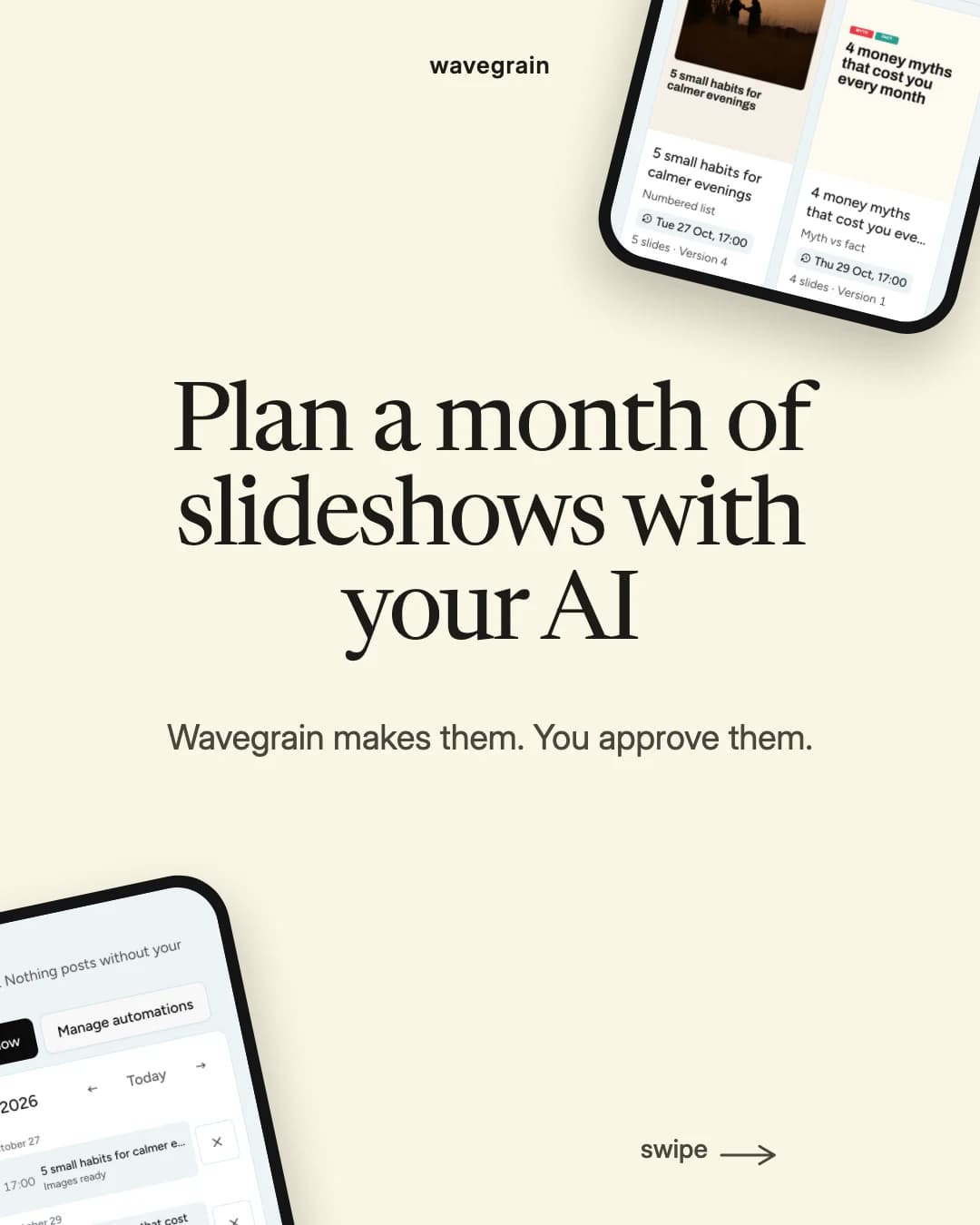 Slideshow cover: Plan a month of slideshows with your AI, with two Wavegrain app screens
