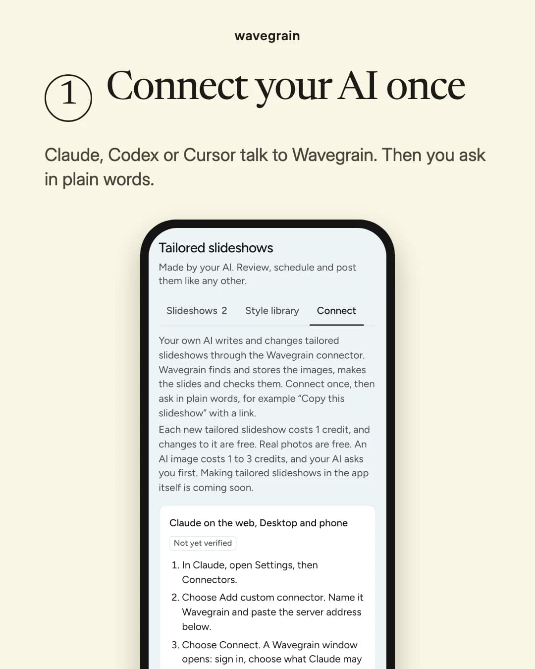 Slide 1, Connect your AI once: the Tailored slideshows page with its Connect tab