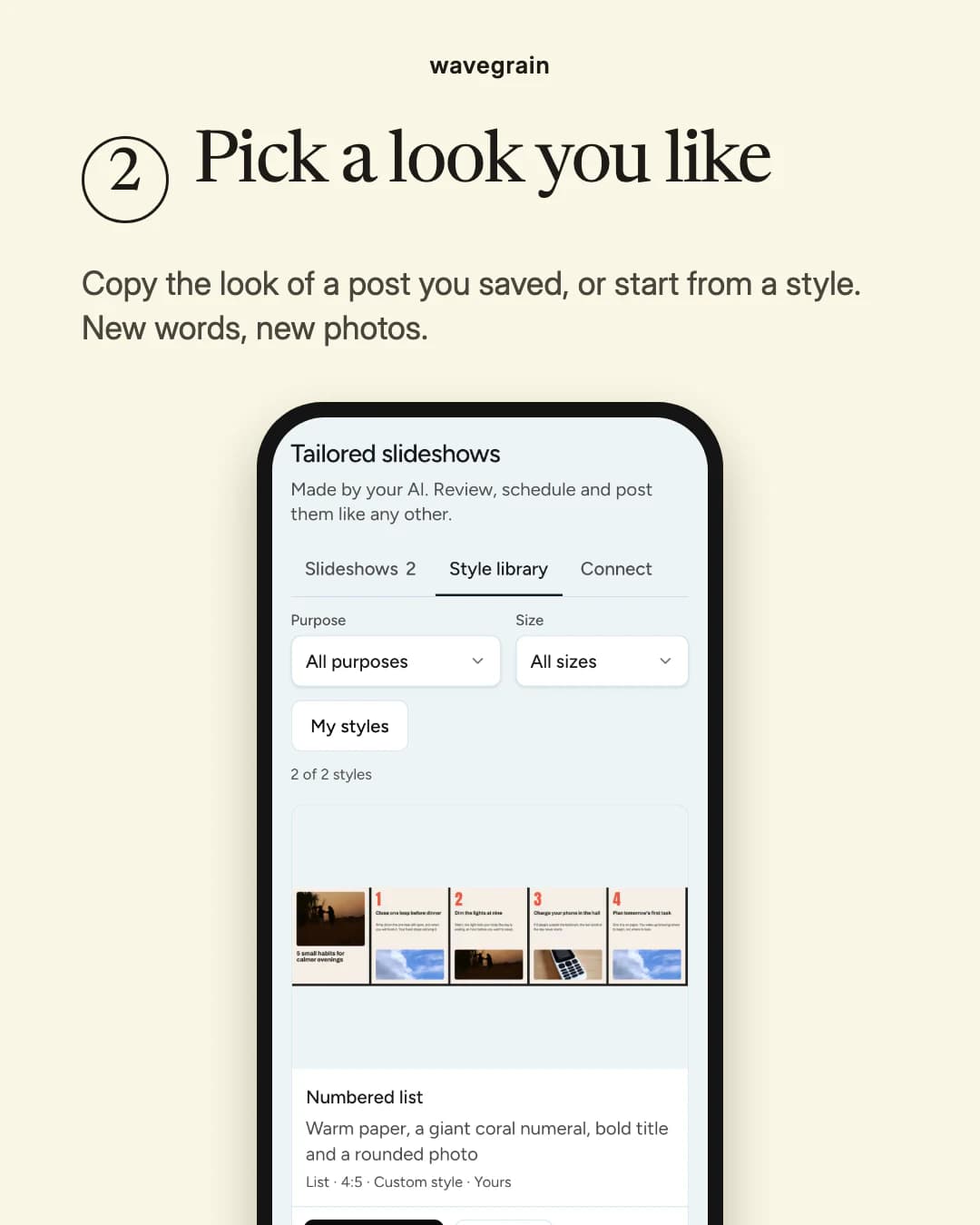 Slide 2, Pick a look you like: the Style library in the Wavegrain app