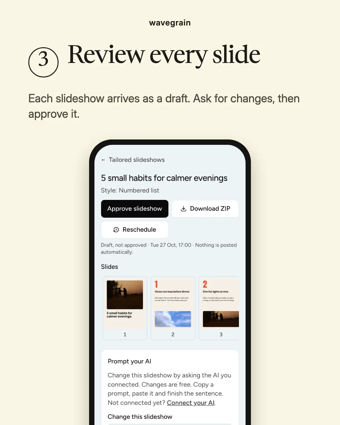 Slide 3, Review every slide: a draft slideshow with its approve and download buttons