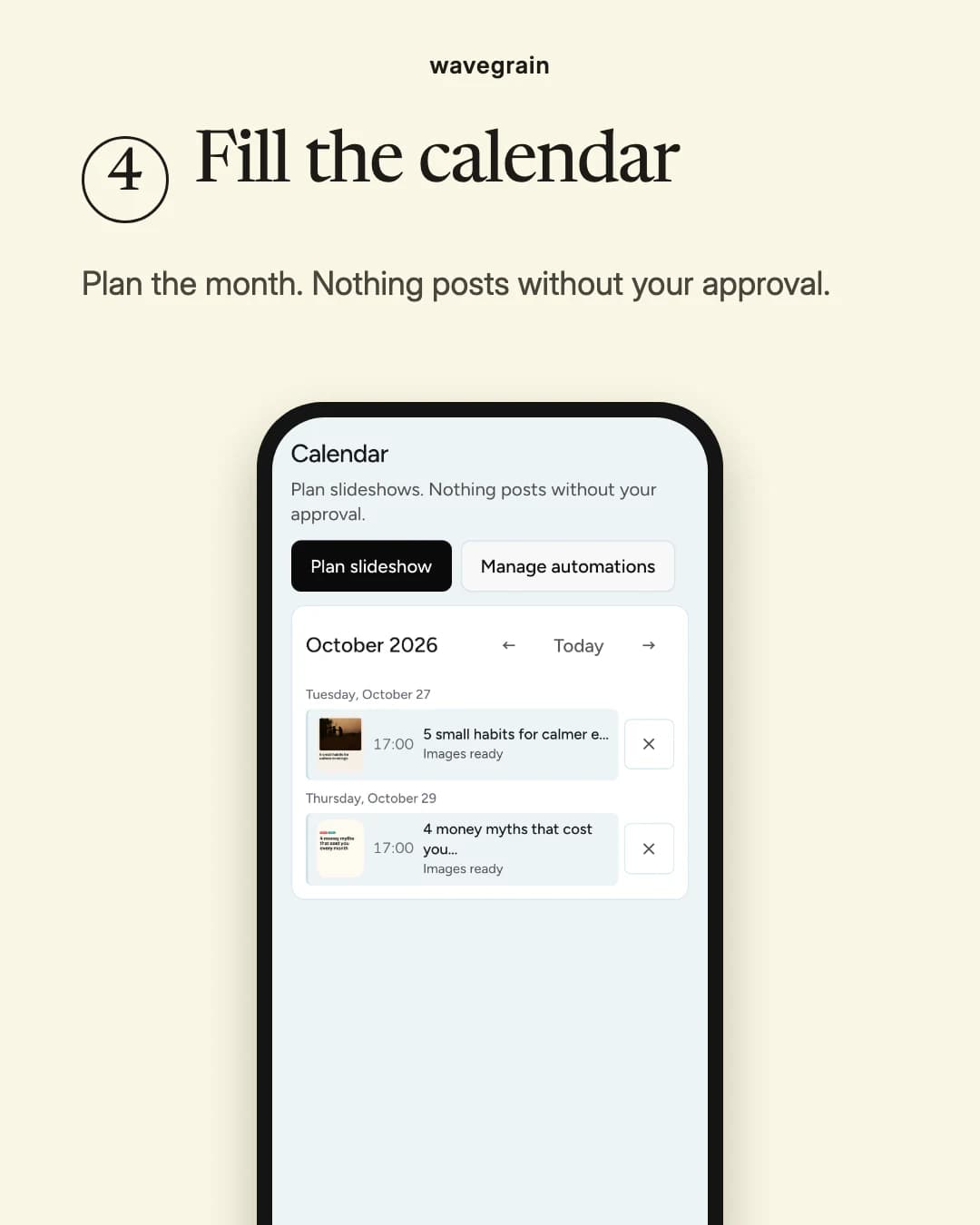 Slide 4, Fill the calendar: the Wavegrain Calendar with two planned slideshows