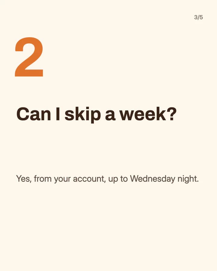 Slide 3: Can I skip a week? Yes, from your account, up to Wednesday night.