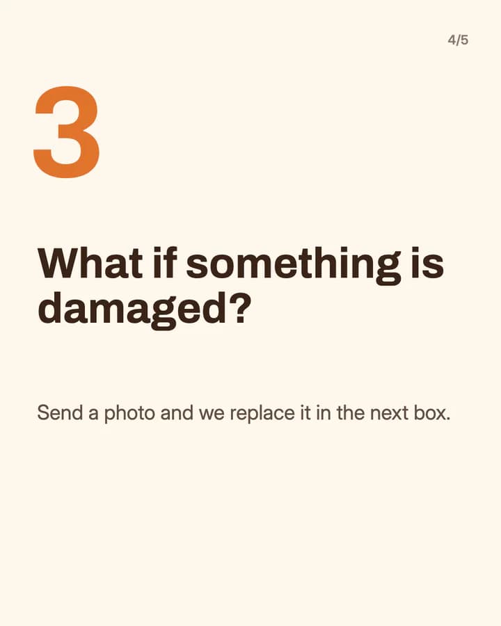 Slide 4: What if something is damaged? Send a photo and we replace it in the next box.
