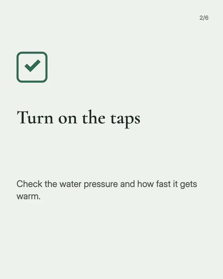 Slide 2: Turn on the taps Check the water pressure and how fast it gets warm.