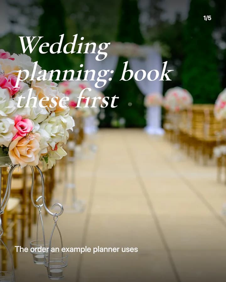 Slide 1: Wedding planning: book these first The order an example planner uses