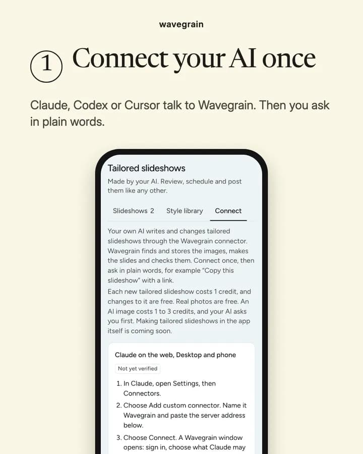 Slide: Connect your AI once, slide 1/3