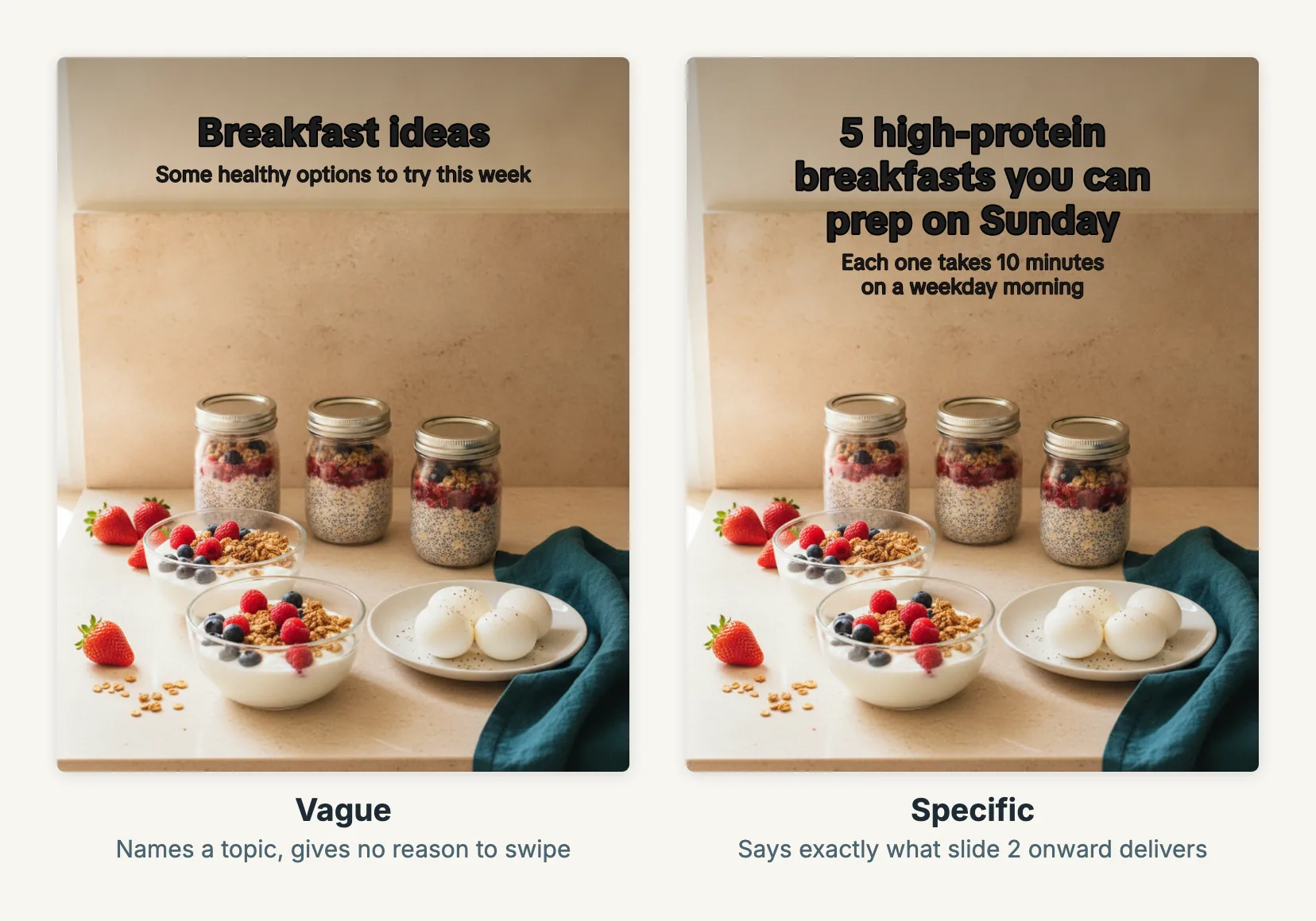 Two Wavegrain carousel first slides on the same breakfast photo: a vague hook reading Breakfast ideas and a specific hook reading 5 high-protein breakfasts you can prep on Sunday