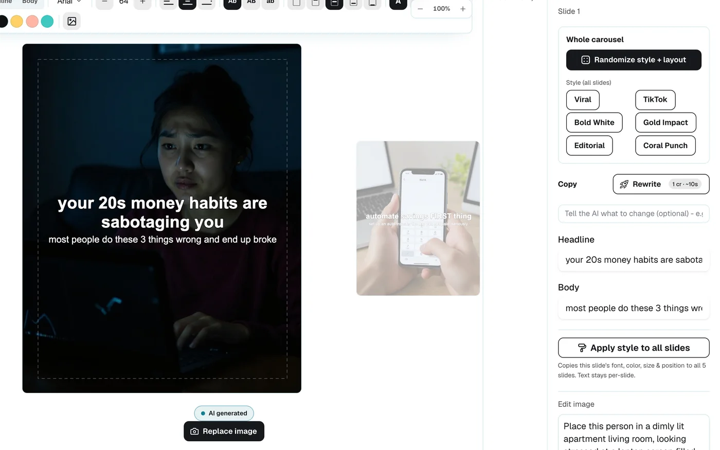 Wavegrain editor showing a carousel slide, editable headline and body, and a replace-image control